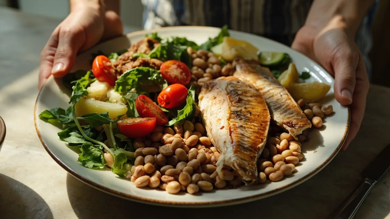 Plato de comida real con verduras, legumbres y proteínas, luz natural.