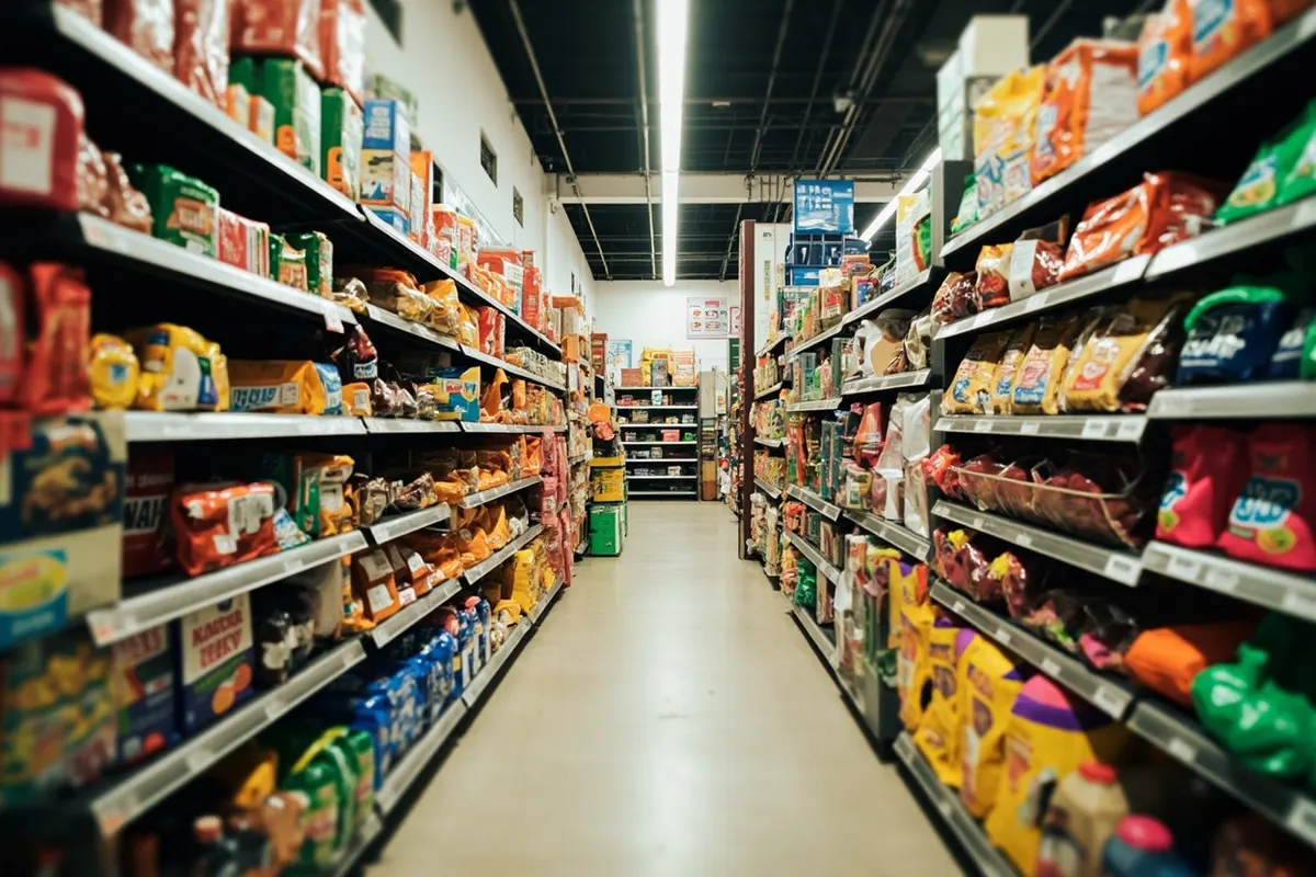 Estantería de supermercado con productos ultraprocesados