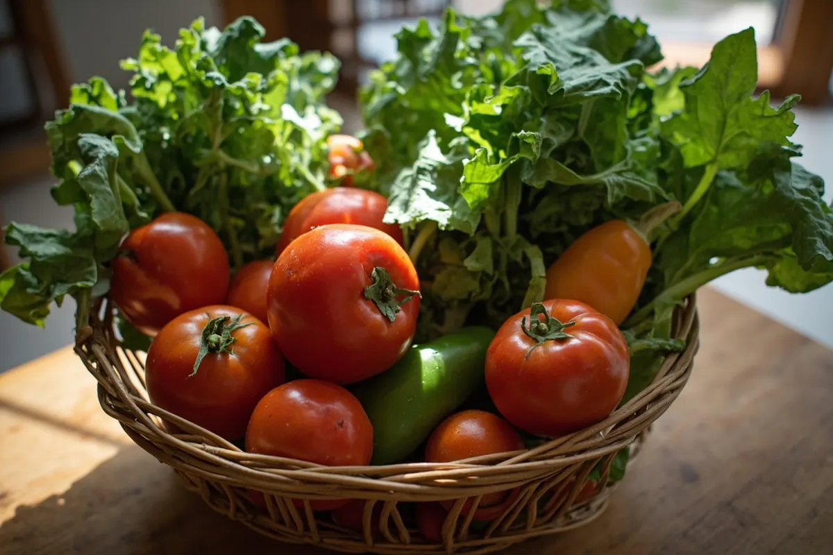 Verduras frescas y alimentos enteros en una cocina
