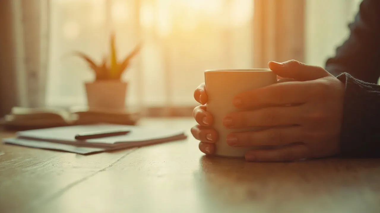 Manos sujetando una taza caliente al lado de una ventana con luz suave de mañana.