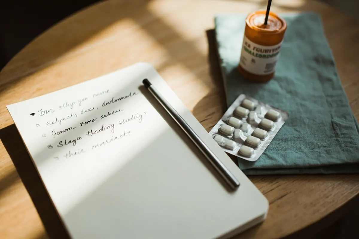 Cuaderno abierto con preguntas escritas junto a un blister de antibióticos, sobre una mesa.