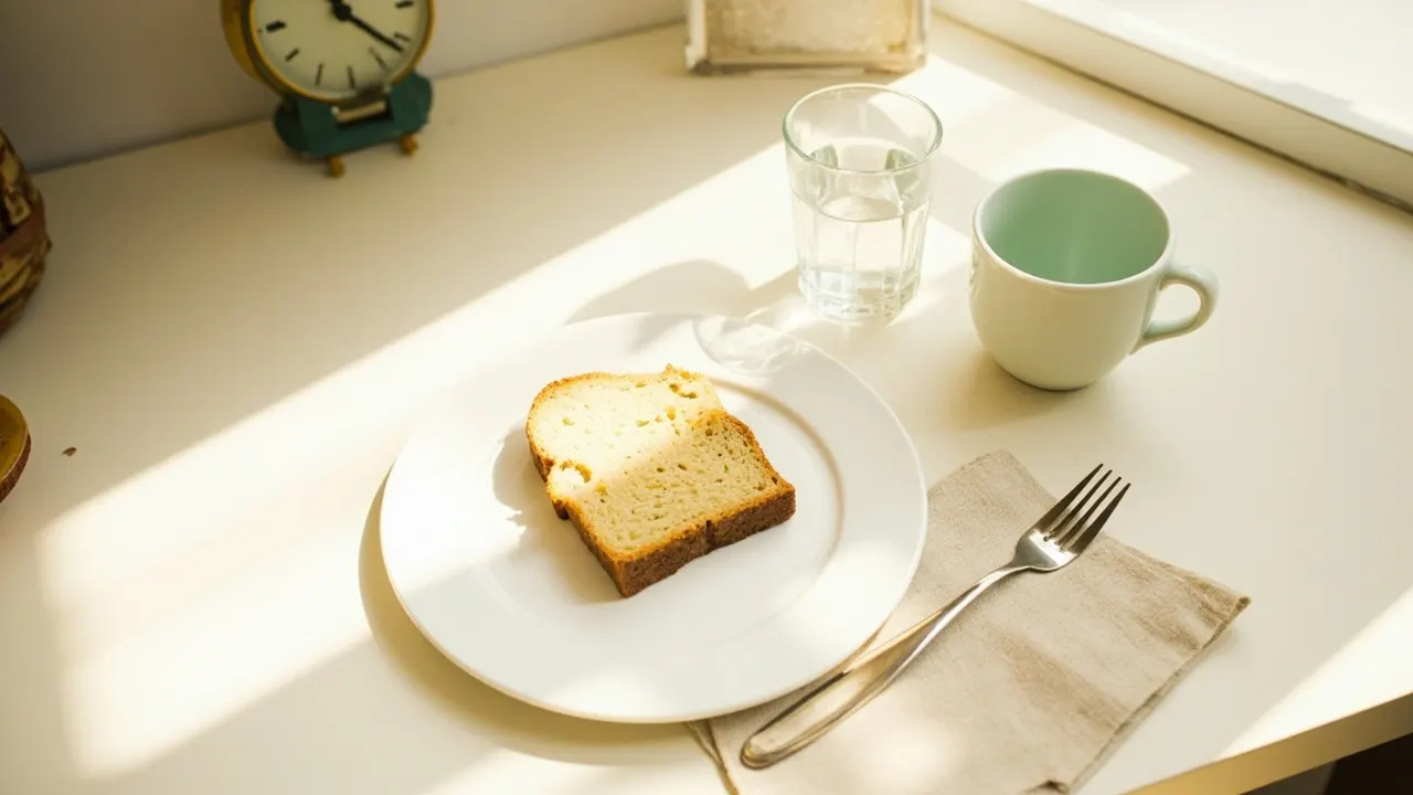 Manos apoyadas en plato vacío con vaso de agua al lado, en mesa de madera con luz natural: la hora del ayuno en una cocina.