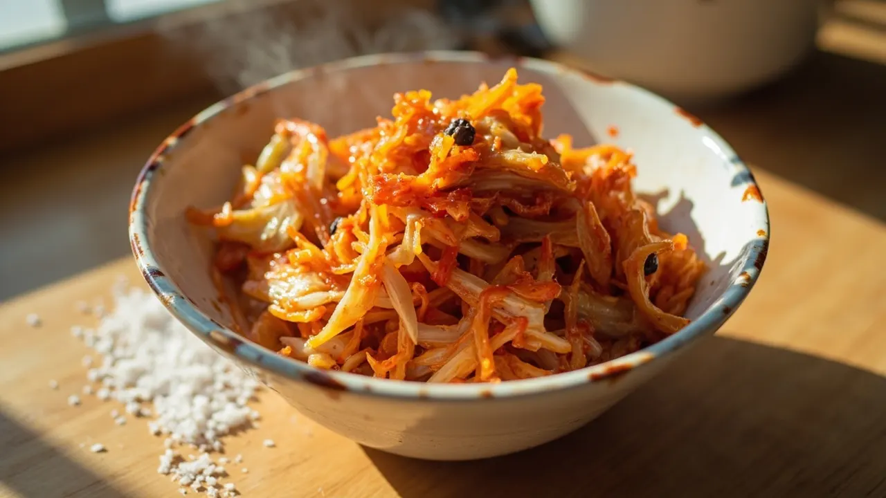 Cuenco de cerámica con kimchi rojo sobre una mesa de madera, luz natural suave.