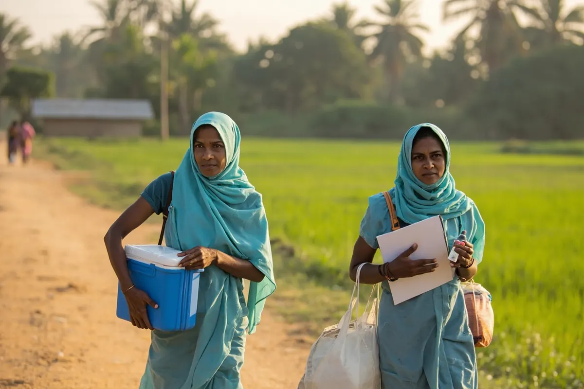 Dos sanitarias comunitarias bangladeshíes caminan por una calle de aldea con una nevera portátil azul con vacunas del sarampión