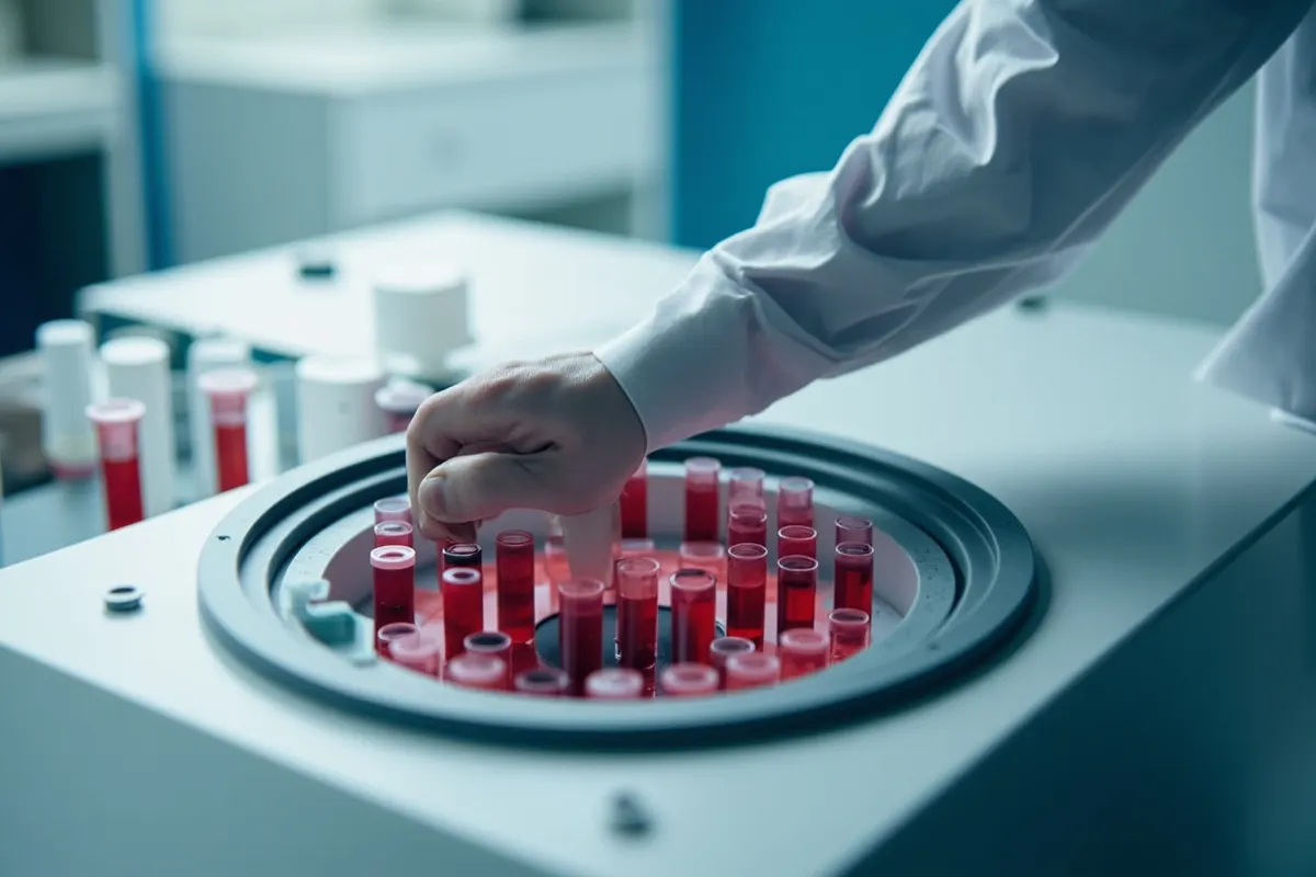 Centrífuga de laboratorio procesando muestras de sangre