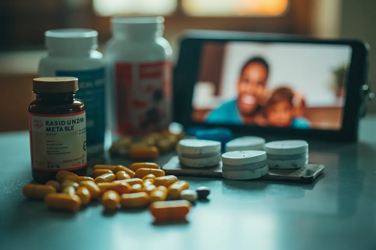 Frascos de suplementos y pastillas junto a un móvil con un vídeo corto
