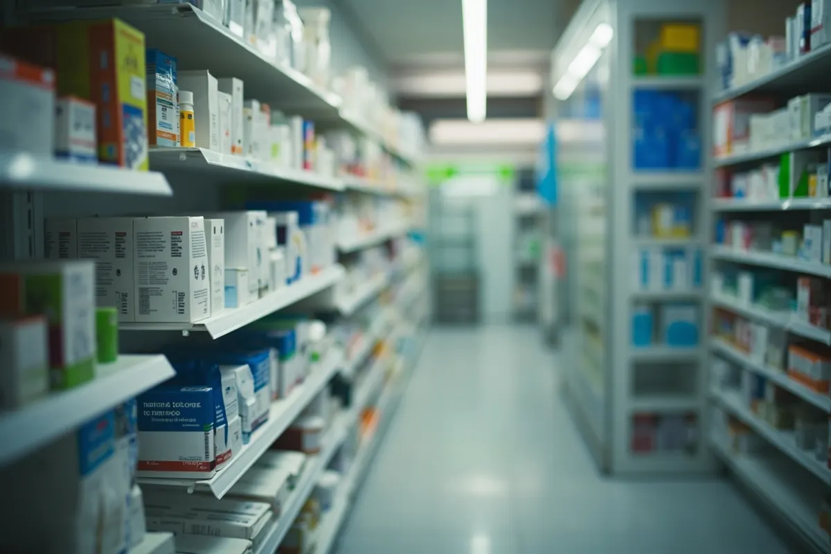 Interior de una farmacia con estanterías de medicamentos
