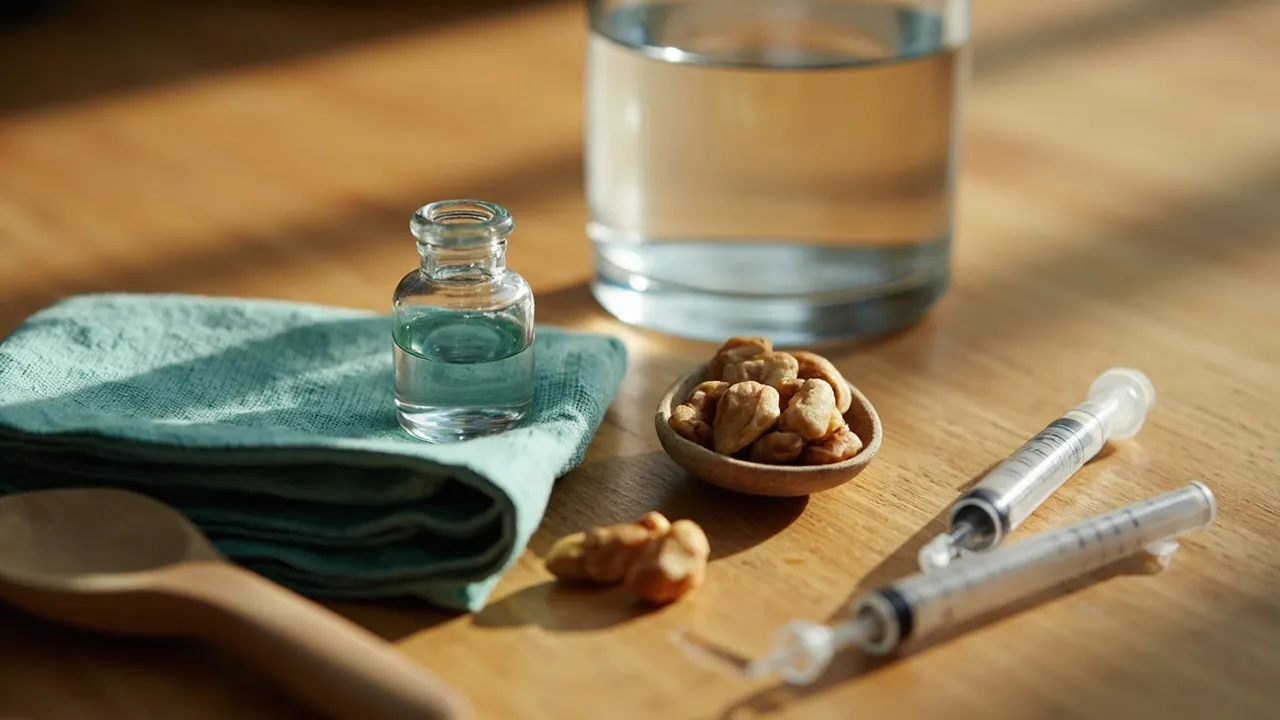 Vial de cristal junto a frutos secos y un vaso de agua sobre una mesa de madera, simbolizando el tratamiento médico.