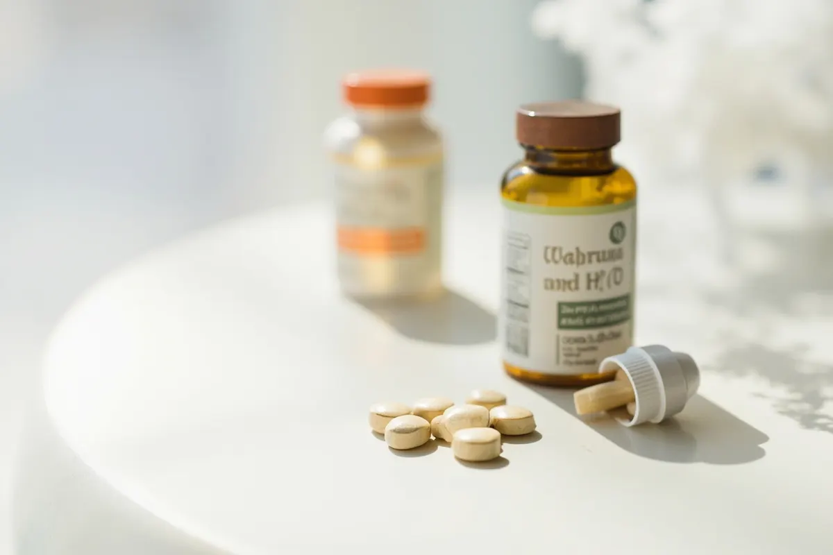 Comprimidos y frascos de suplementos de calcio y vitamina D