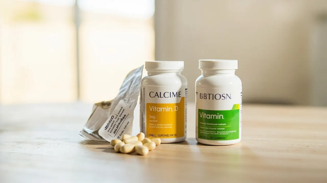 Frascos y comprimidos de suplementos de calcio y vitamina D sobre una mesa de madera
