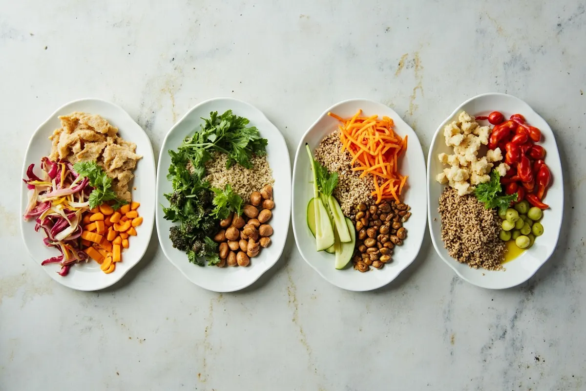 Cuatro platos con diferentes proporciones de grasa, carbohidratos y proteína preparados para un estudio.