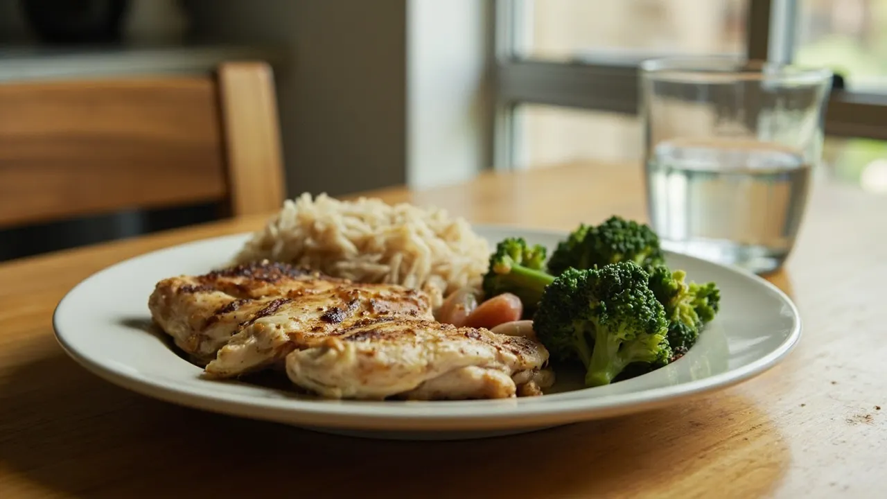 Plato casero equilibrado con pollo a la plancha, brócoli al vapor y arroz integral sobre una mesa de madera.