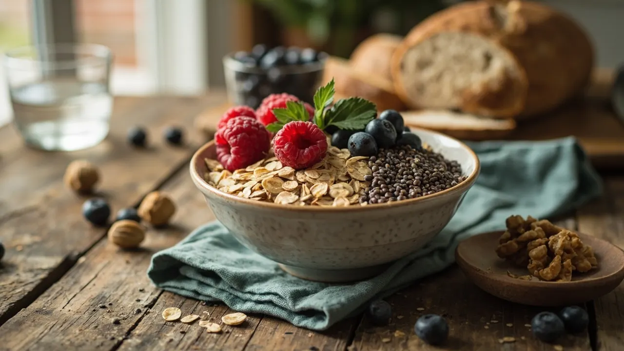 Mesa con alimentos ricos en fibra: avena, arándanos, frambuesas, nueces y pan integral, con un paño turquesa.