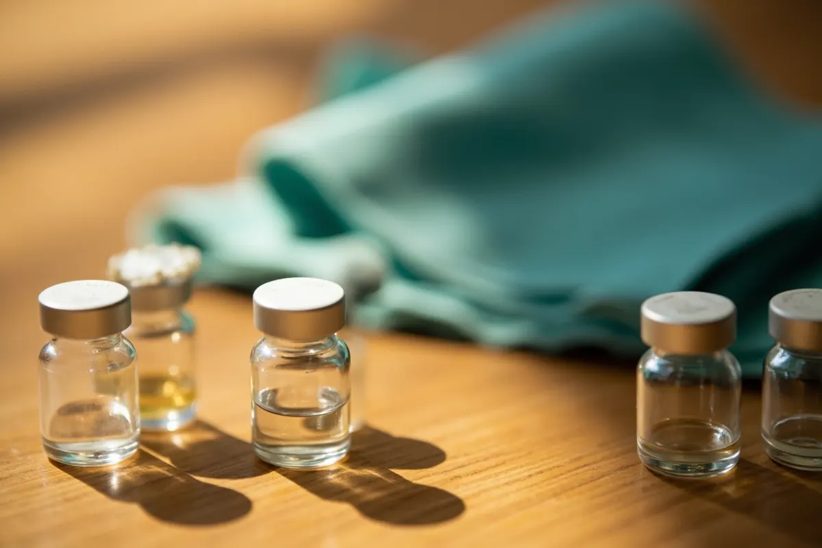 Pequeños frascos de cristal sobre una mesa de madera con un paño turquesa, simbolizando la investigación de nuevos tratamientos.
