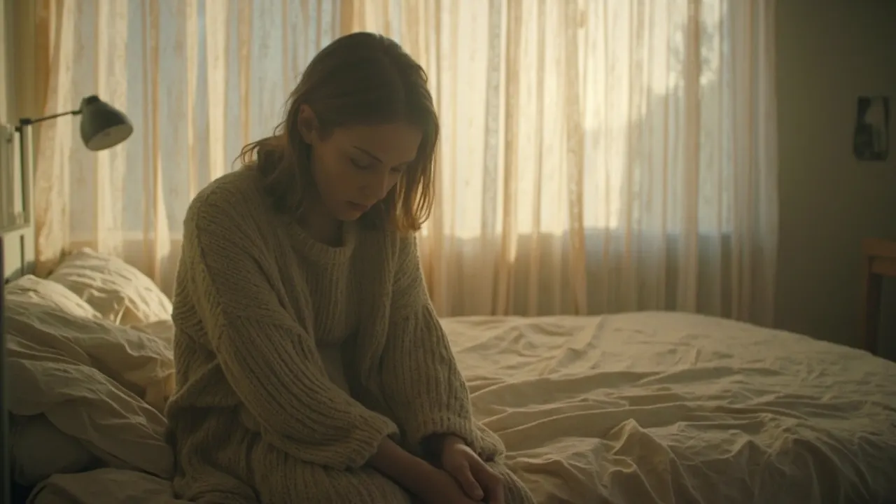 Mujer cansada sentada al borde de la cama con luz natural suave de la mañana