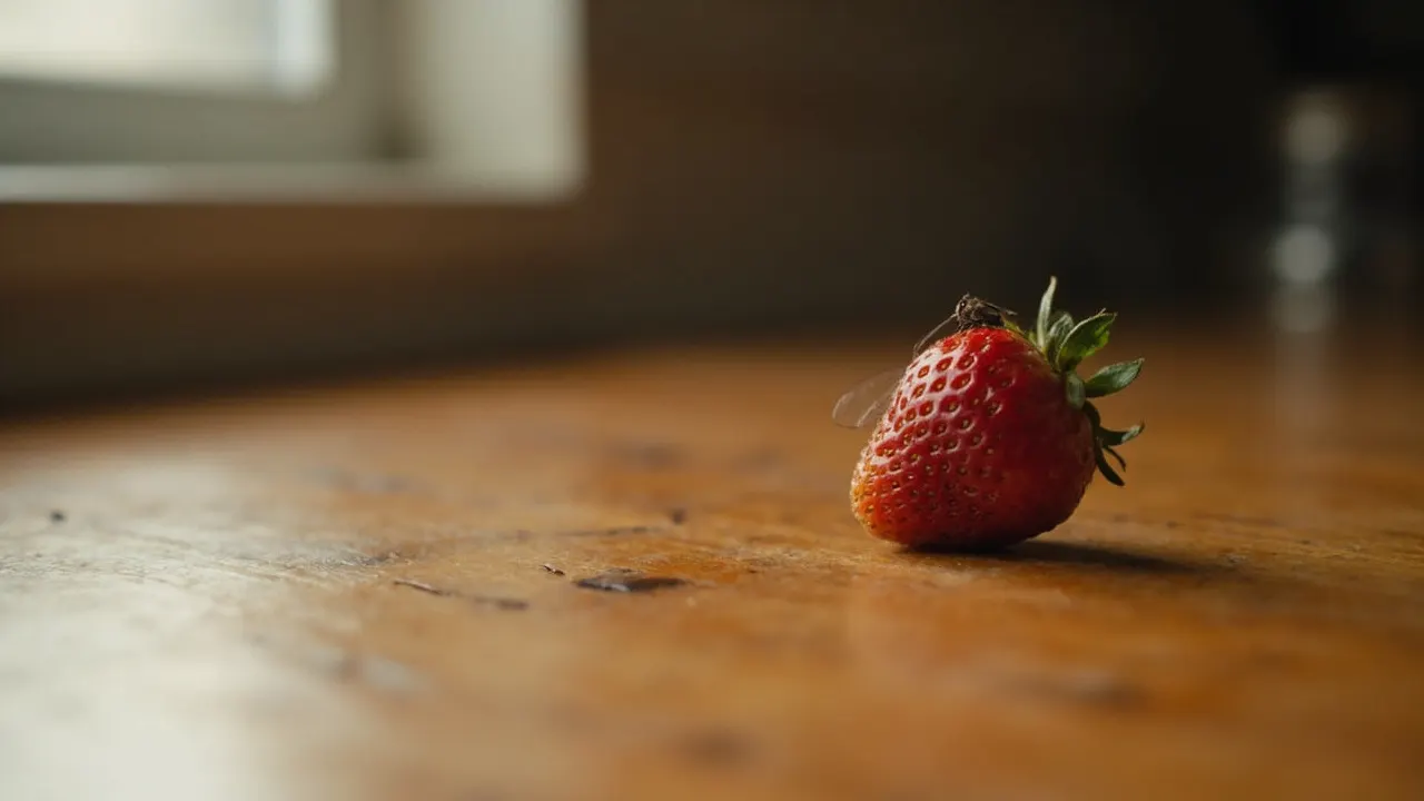 Mosca de la fruta posada sobre una fresa madura sobre una mesa de madera.