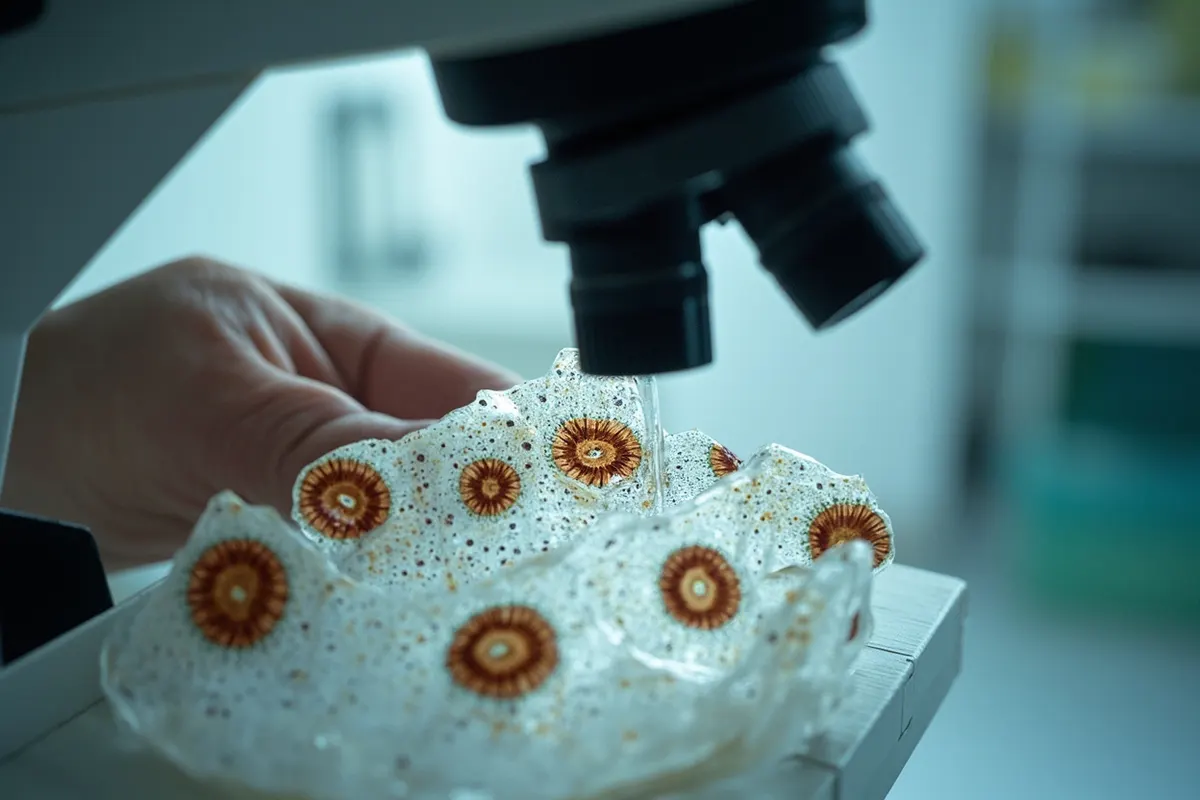Células madre neurales humanas teñidas al microscopio dentro de un corte de cerebro de ratón