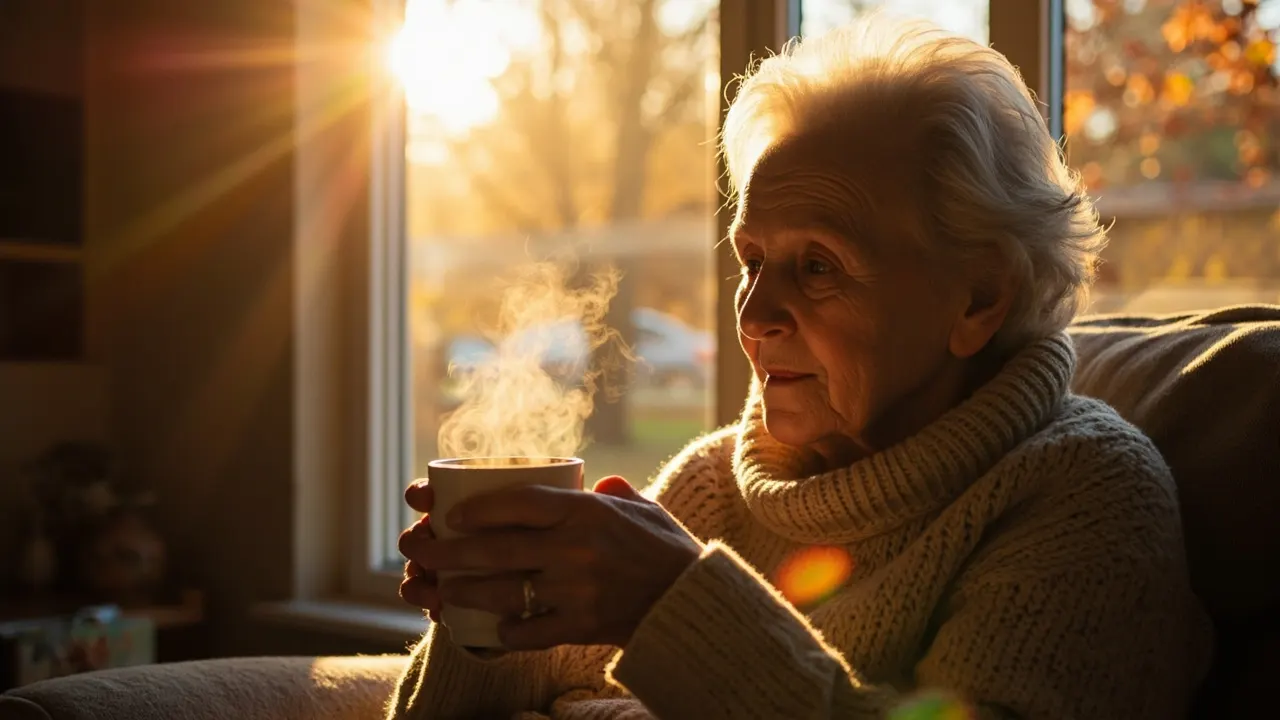 Anciana junto a ventana iluminada con taza caliente en un día otoñal de gripe.