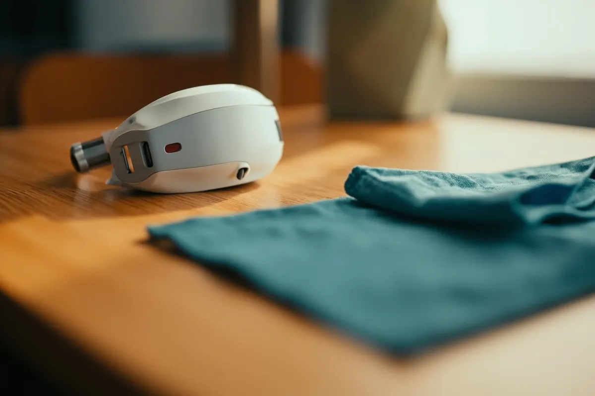 Dispositivo EEG de medición cerebral colocado sobre una mesa de madera con un paño turquesa.