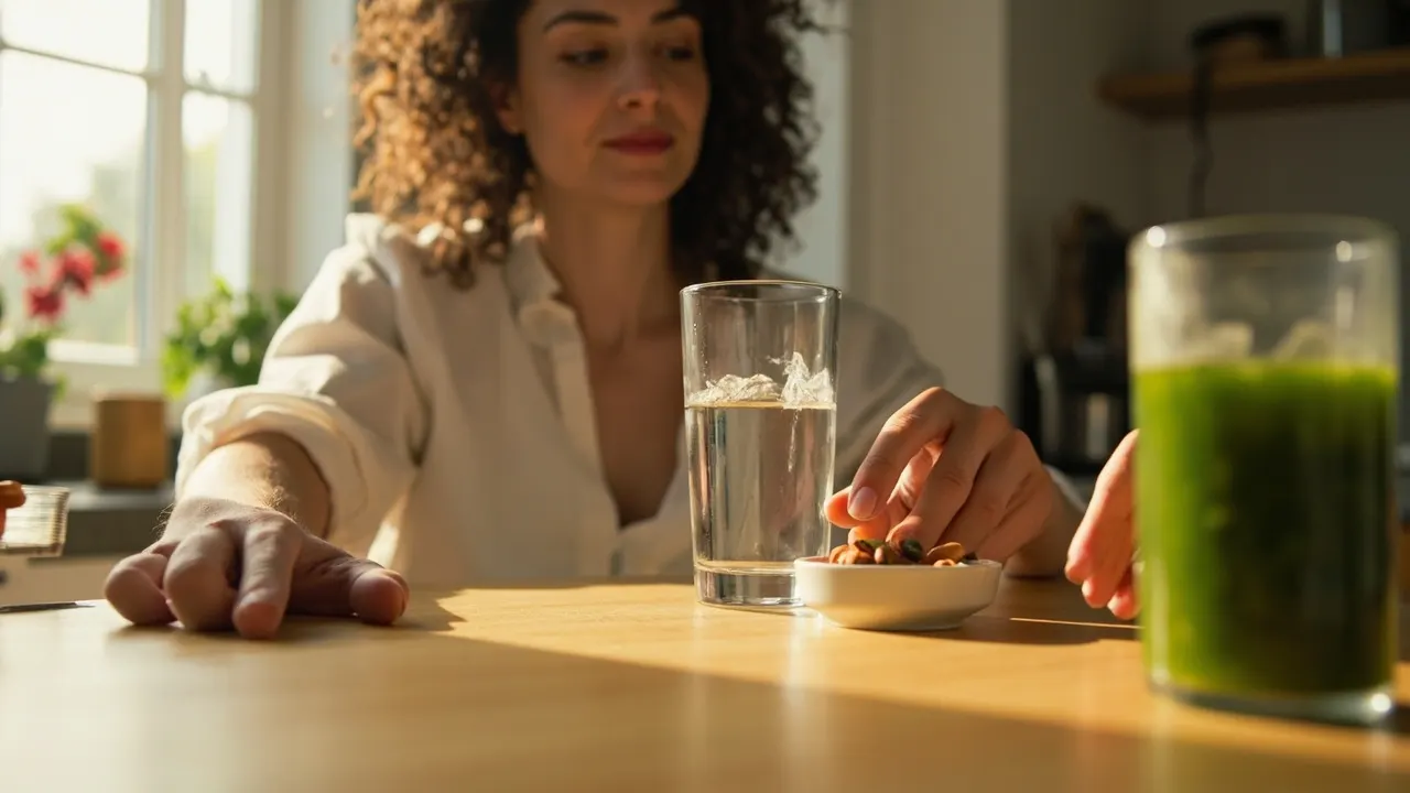 Mujer reflexiva ante un desayuno con agua, zumo verde y vitaminas en una cocina iluminada.