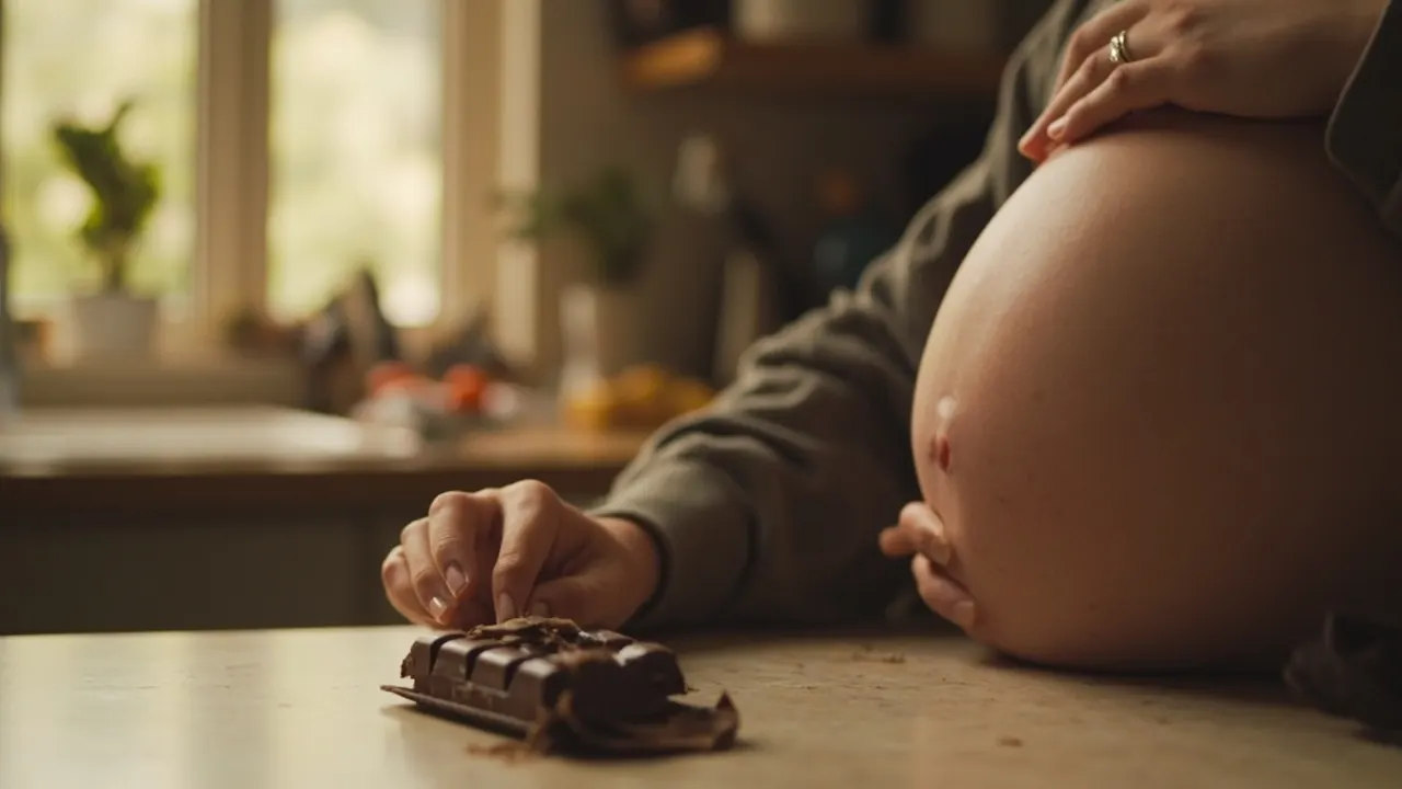 Mujer embarazada comiendo chocolate en la cocina