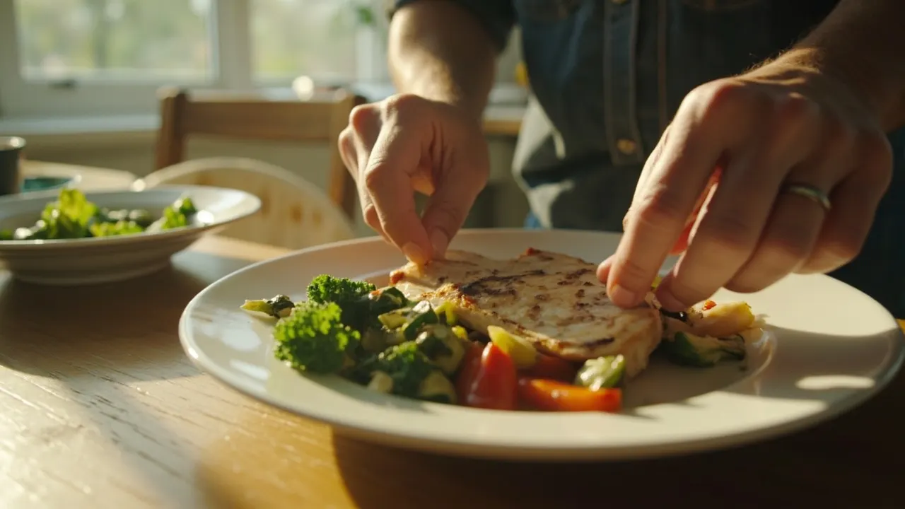 Manos sirviendo una porción moderada de comida en un plato sobre una mesa de cocina.