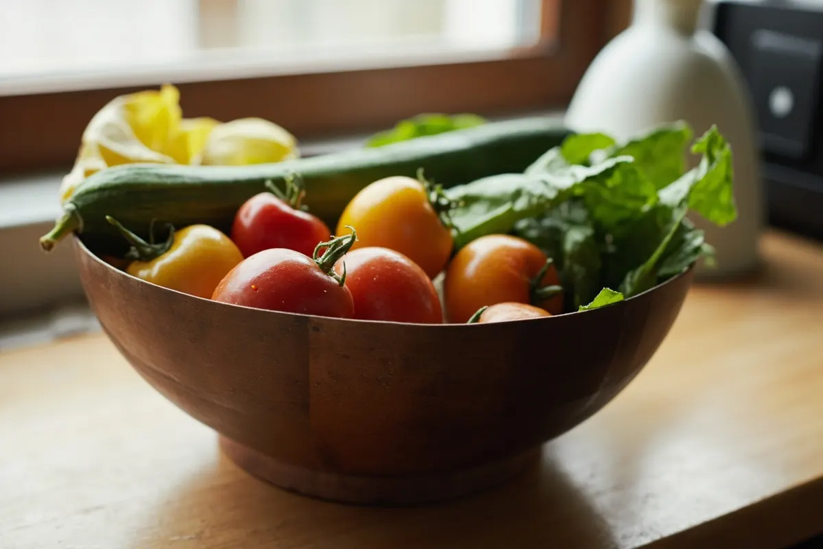 Cuenco de madera con verduras frescas variadas sobre una encimera