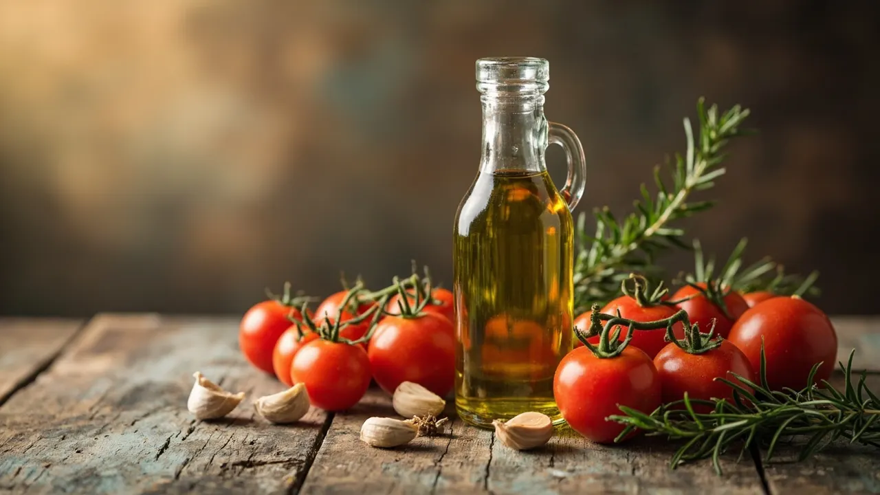 Botella de aceite de oliva virgen extra sobre una mesa de madera con tomates, ajo y romero frescos