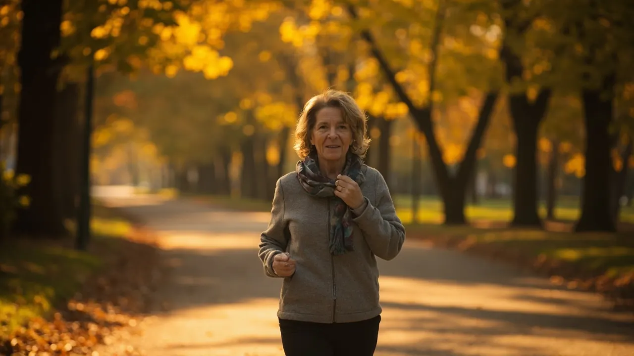 Mujer caminando por un parque otoñal bajo luz dorada del atardecer