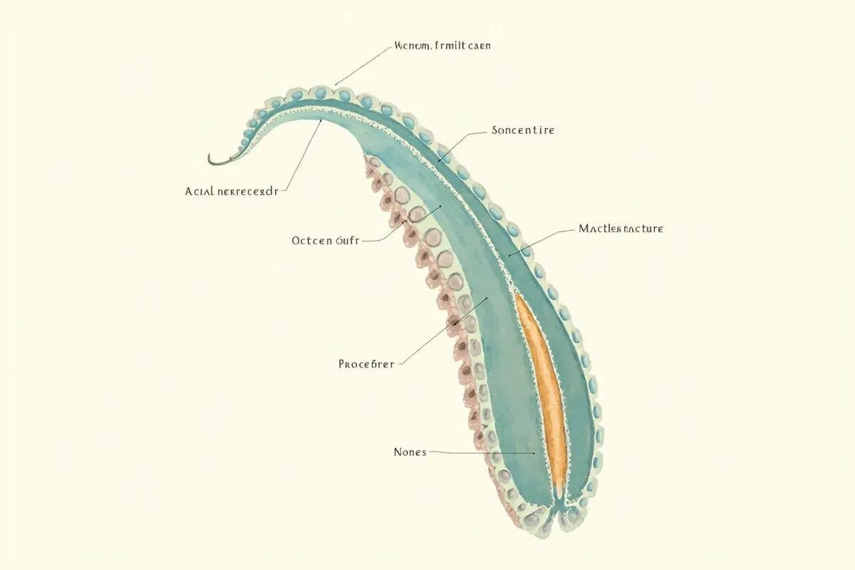 Esquema del corte longitudinal de un brazo de pulpo con su cordón nervioso axial y un ganglio en la base.