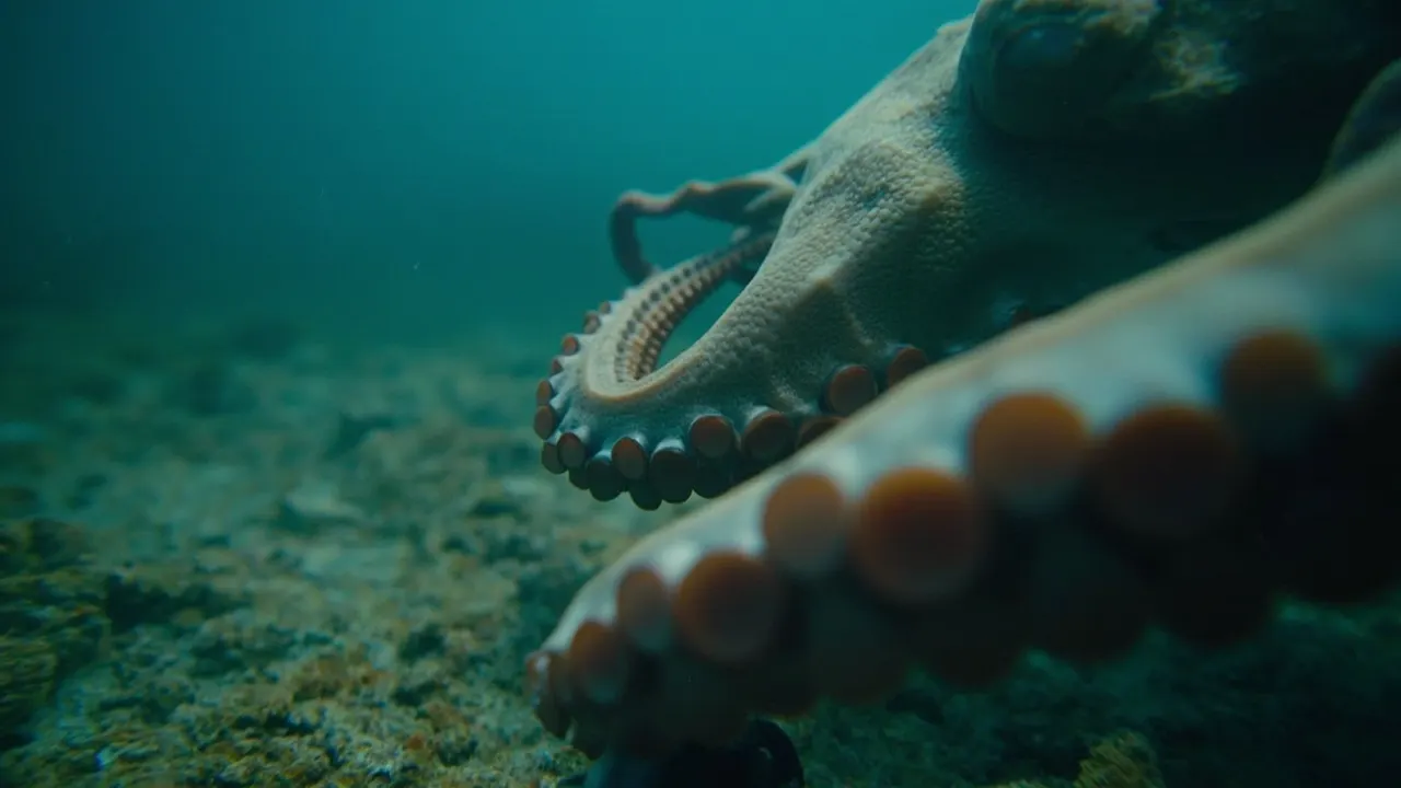 Brazo de pulpo explorando el fondo marino, con sus ventosas visibles, en luz azulada submarina.