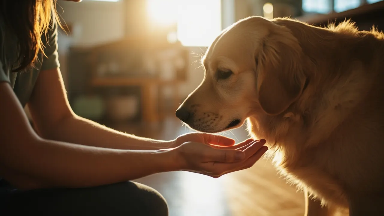 Perro golden retriever acerca su hocico a la mano abierta de una persona sentada en el suelo de una cocina iluminada por luz cálida.
