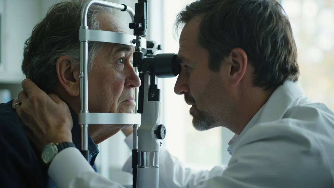 Oftalmólogo revisando la vista de una paciente con un biomicroscopio