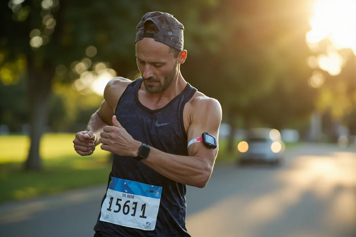 Corredor de maratón consultando un sensor continuo de glucosa en el brazo