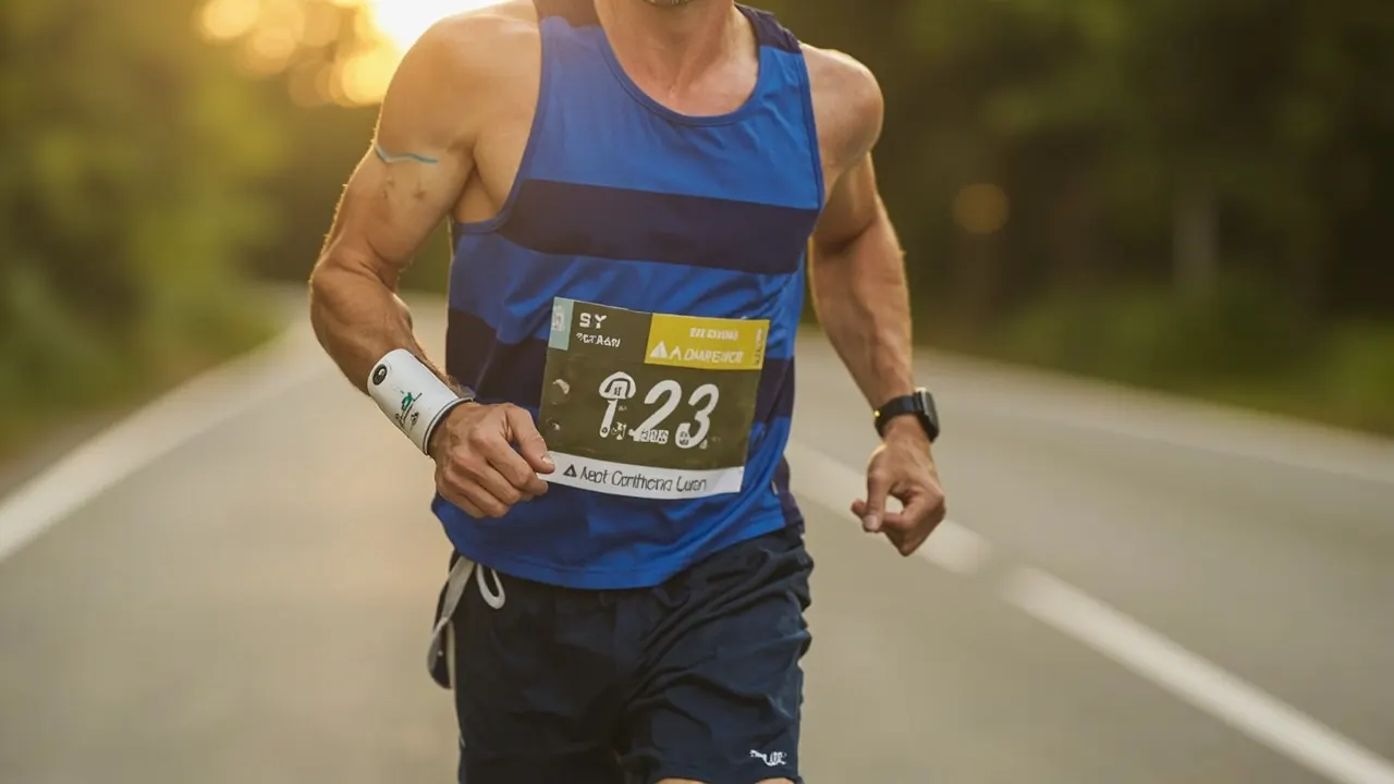 Corredor de maratón con un sensor continuo de glucosa en el brazo durante la prueba