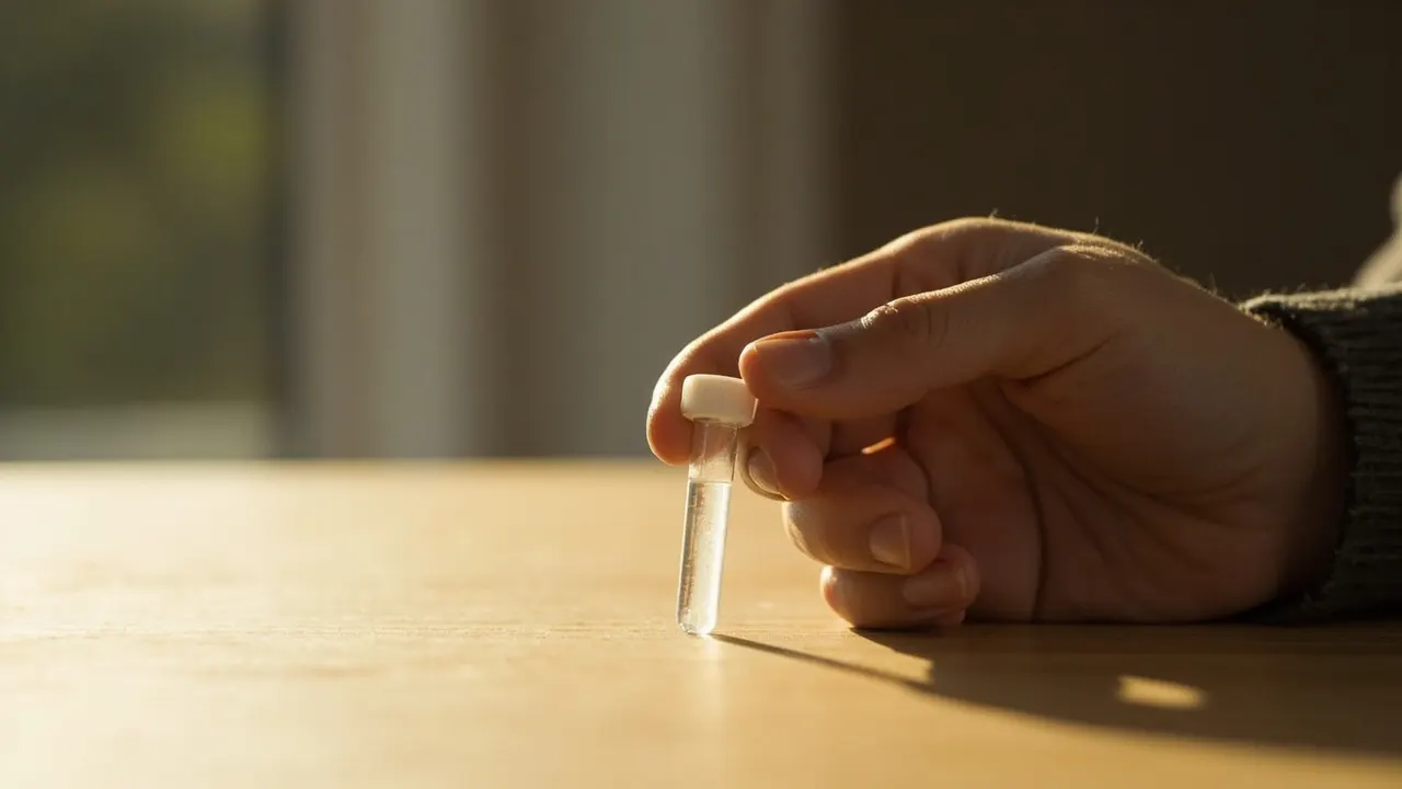Mano anónima sosteniendo un pequeño tubo de recogida de saliva sobre una mesa de madera con luz cálida.