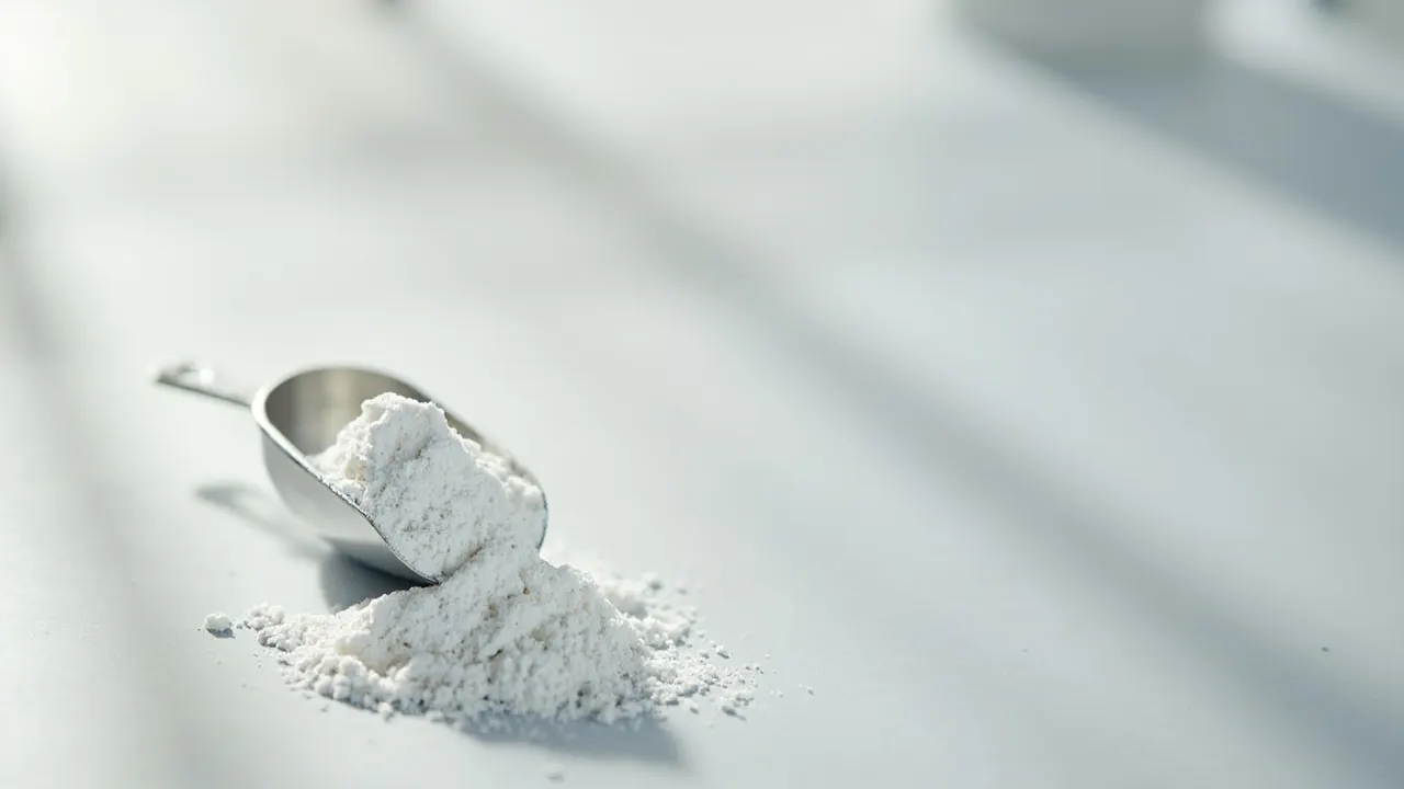Cuchara medidora con polvo blanco de creatina monohidratada sobre superficie neutra