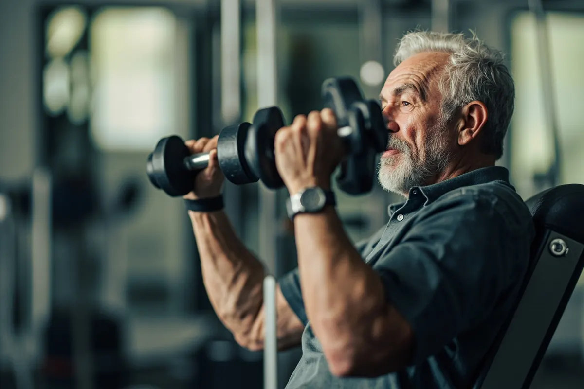 Adulto mayor entrenando fuerza con mancuernas en un gimnasio
