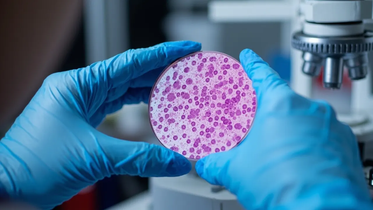 Investigadora observa células de leucemia al microscopio en el laboratorio