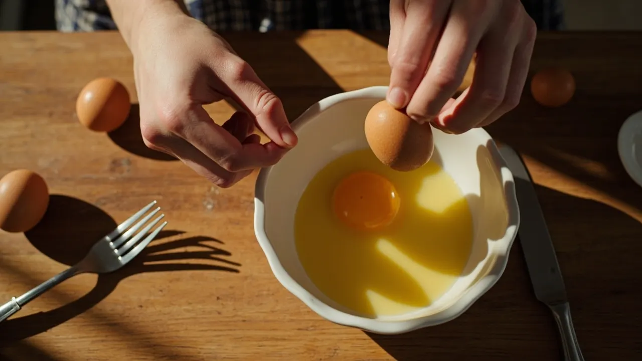 Manos casando huevos frescos en un bol sobre una encimera de madera iluminada con luz natural.
