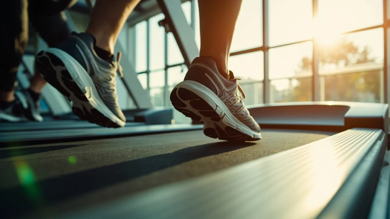 Zapatillas de running sobre una cinta en un gimnasio con luz suave de la mañana