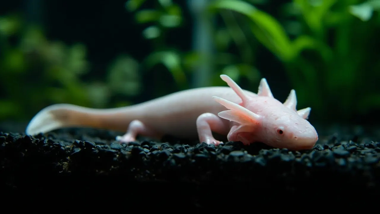 Ajolote rosa pálido en un acuario doméstico con plantas acuáticas desenfocadas al fondo y luz natural lateral.
