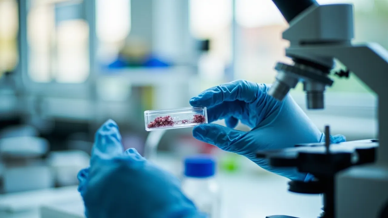 Mano enguantada sostiene una placa con biopsia junto a un microscopio en un laboratorio moderno