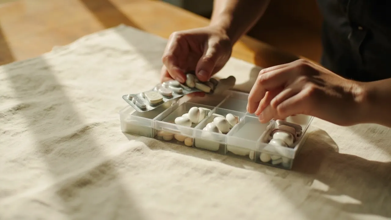 Mano anónima organizando pastillas blancas en un pastillero semanal sobre una mesa de cocina.
