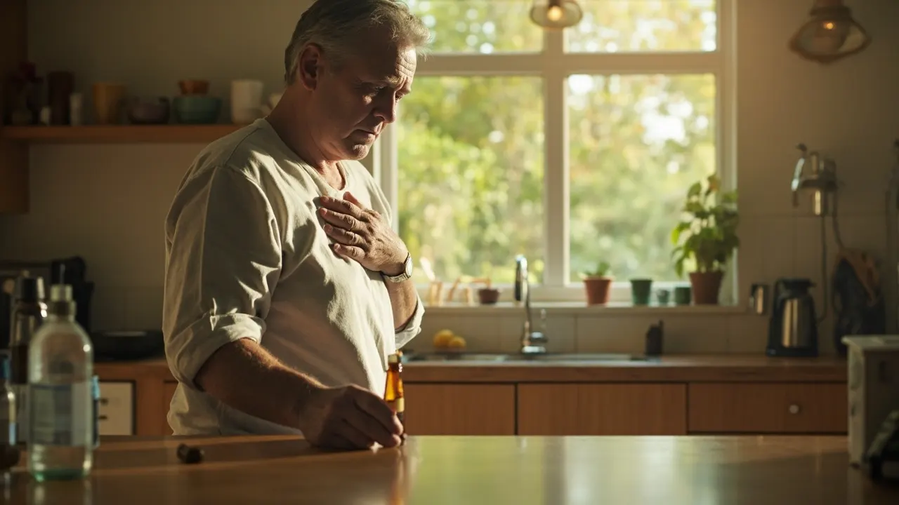 Persona de mediana edad en una cocina iluminada mirando un frasco de medicación con gesto reflexivo.