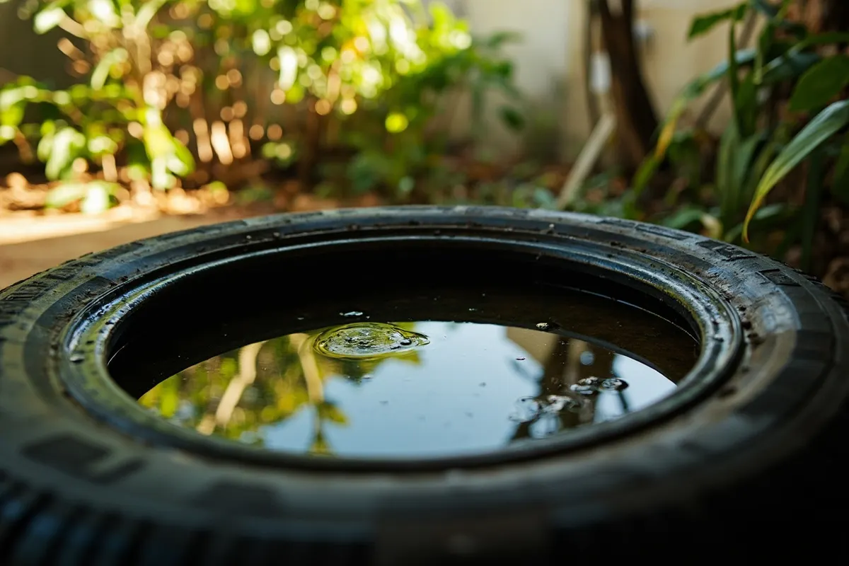Neumático abandonado con agua estancada en un patio, posible criadero del mosquito Aedes aegypti