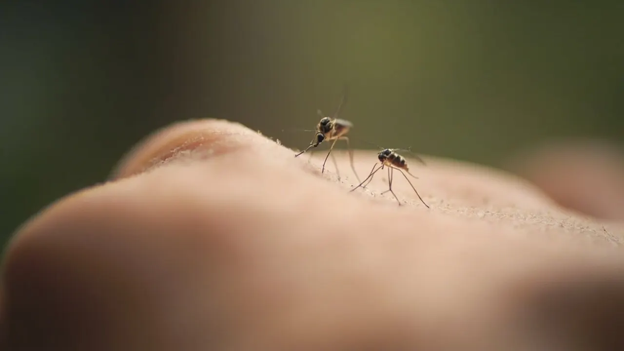 Mosquito Aedes aegypti, transmisor del virus del dengue, posado sobre piel humana