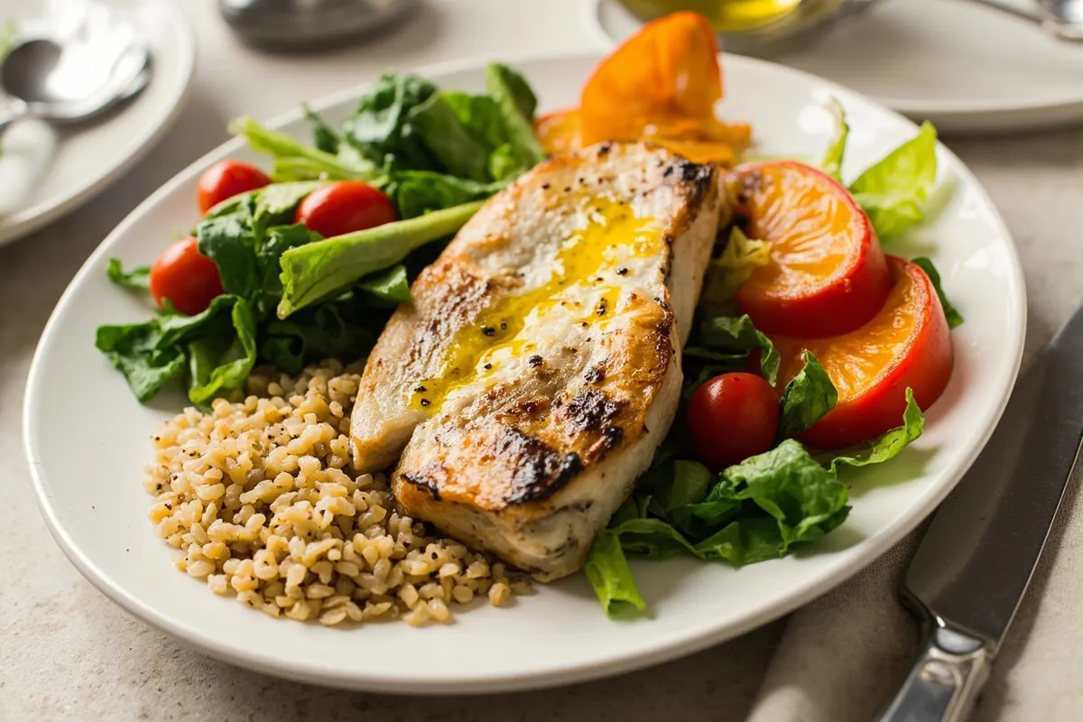 Plato con verduras, pescado y aceite de oliva