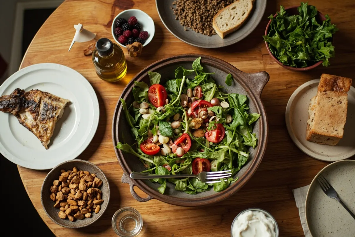 Vista cenital de una mesa con verduras, legumbres, pescado a la plancha, frutos secos, pan integral, aceite de oliva y yogur, alimentos que comparten los patrones Mediterránea, DASH y nórdica.