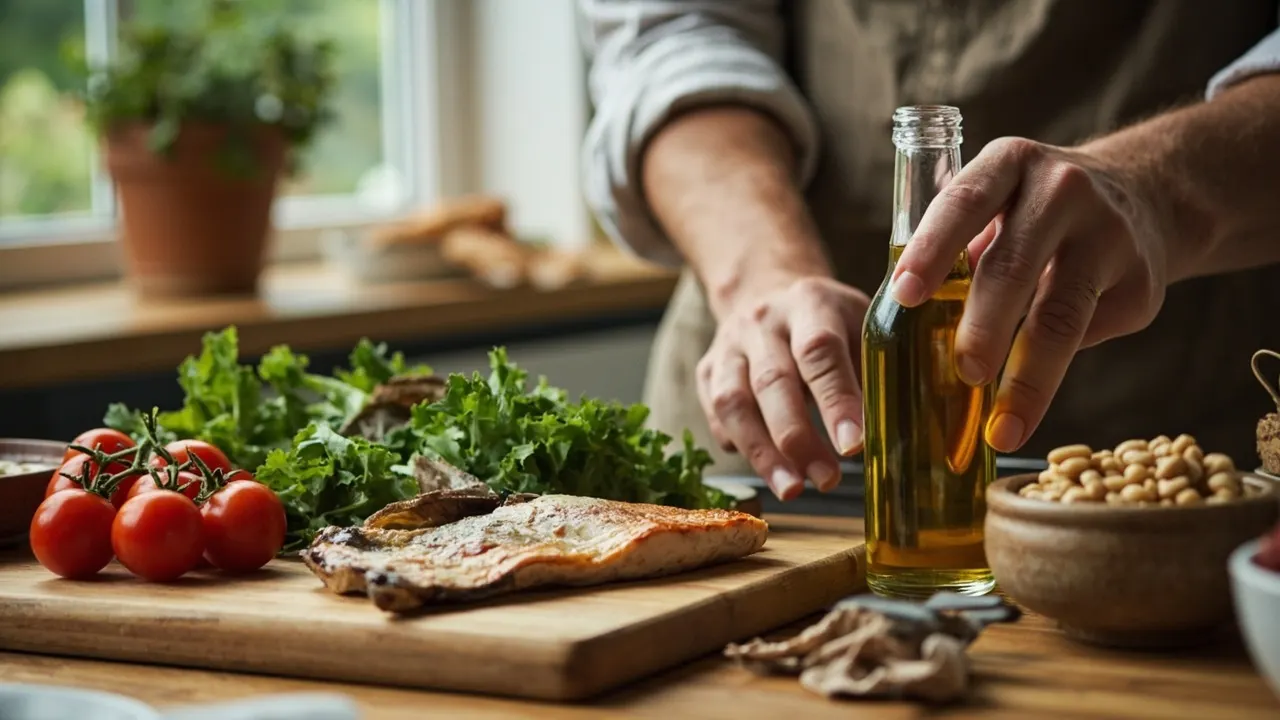 Manos preparando un plato mediterráneo con verduras, aceite de oliva, pescado y legumbres sobre una encimera de madera, con luz natural.